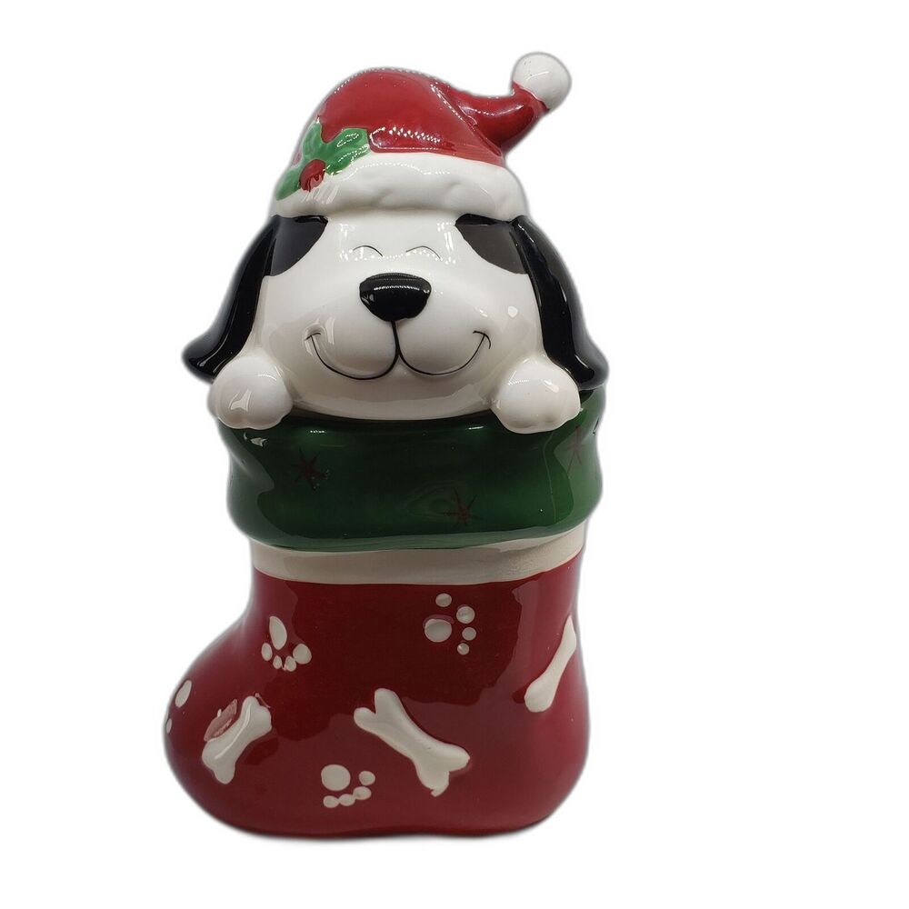 Vintage Christmas Dog Treat Jar Ceramic Holiday Storage Canister with Lid Red